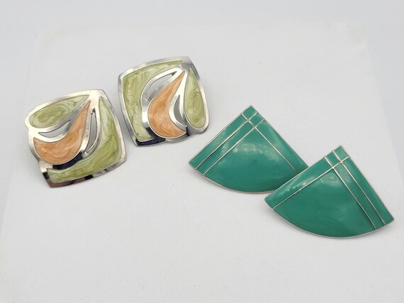 2 Pair of Vintage 1980s Thin Metal Geometric Earrings with Teal, Green & Orange Enamel Costume Jewelry Retro Women Statement Openwork Fan
