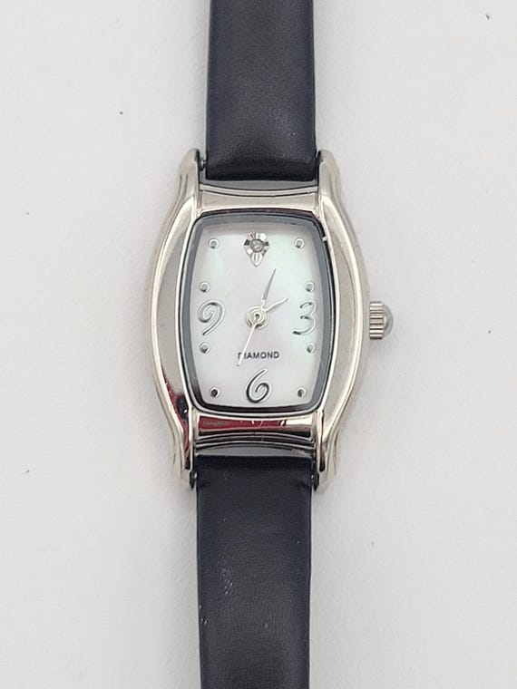 Vintage Silver Tone & Mother of Pearl Ladies Watch with Diamond Accent Costume Jewelry Statement Timepiece Cushion Genuine Leather Band