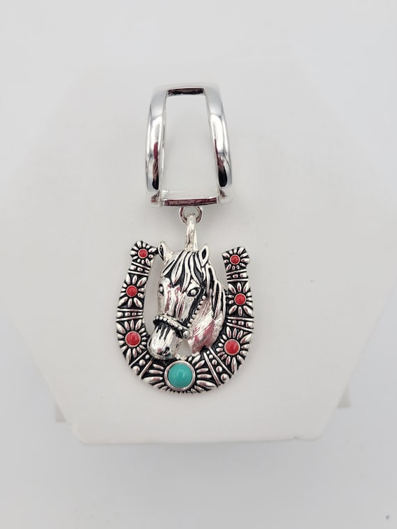 Vintage NEW Silver Tone Openwork Horse & Horseshoe Scarf Slide with Red Aqua Cabochons Costume Jewelry Statement Scarf Clip Accessories