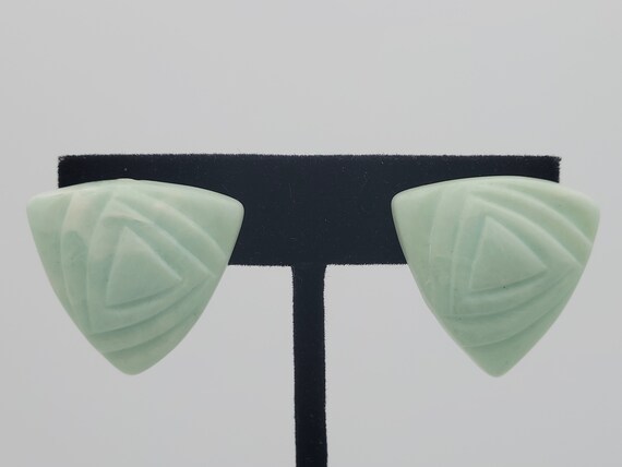 Vintage Marbled Mint Green Plastic Triangular Stud Earrings Costume Jewelry Statement Retro Accessories 1" Dome Textured Molded Geometric