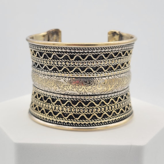 Vintage Wide Two Tone Floral Filligree, Nail Head & Linear Textured Oversize Cuff Bracelet Costume Jewelry Retro Women Statement Adjustable
