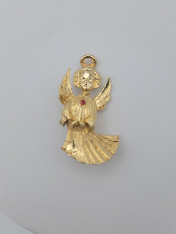Vintage Gold Tone Angel Holding a Candle Brooch with Red Rhinestone Costume Jewelry Retro Women Statement Xmas Christmas Halo Wings Robe