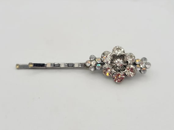Vintage Silver Tone Floral Rhinestone Encrusted Bobby Pin Costume Jewelry Statement Retro Clip Faceted Flowers Clusters Single Sparkle