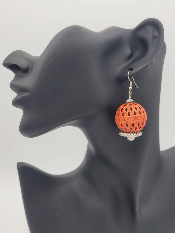 Vintage Oversize Silver Tone & Orange Enamel Openwork Sphere Dangle Earrings Costume Jewelry Women Statement Retro Chunky Metal Rope
