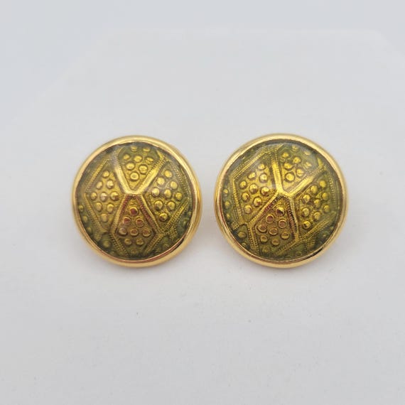 Vintage Gold Tone Textured Domed Round Stud Earrings Brushed with Pale Green Enamel Overlay Costume Jewelry Women Statement Retro 1"