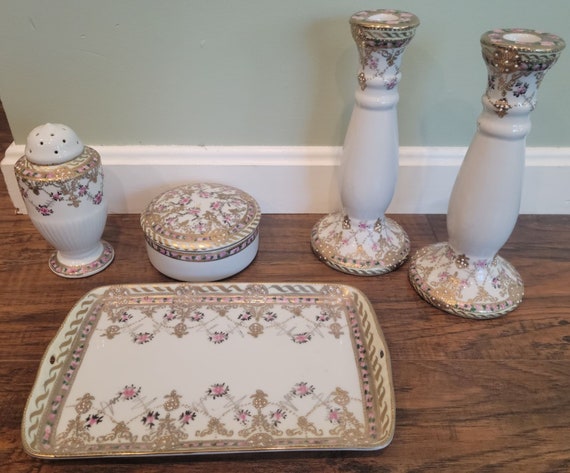 Vintage Hand Painted Nippon Porcelain Dresser Set Including Tray, Powder Box, Powder Shaker & 2 Candlesticks Retro Women's Accessories Decor