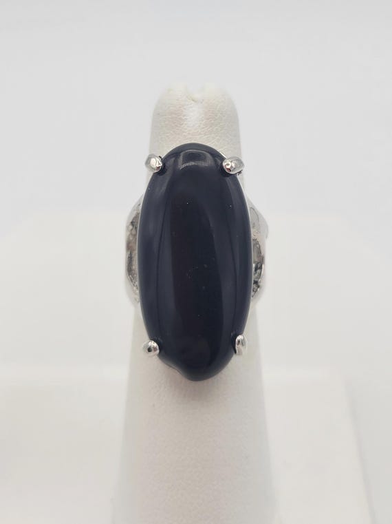 Vintage NEW Oversize Silver Tone & Faux Black Onyx Oval Cabochon Cocktail Statement Ring Right Hand Costume Jewelry US Size 4 1/2