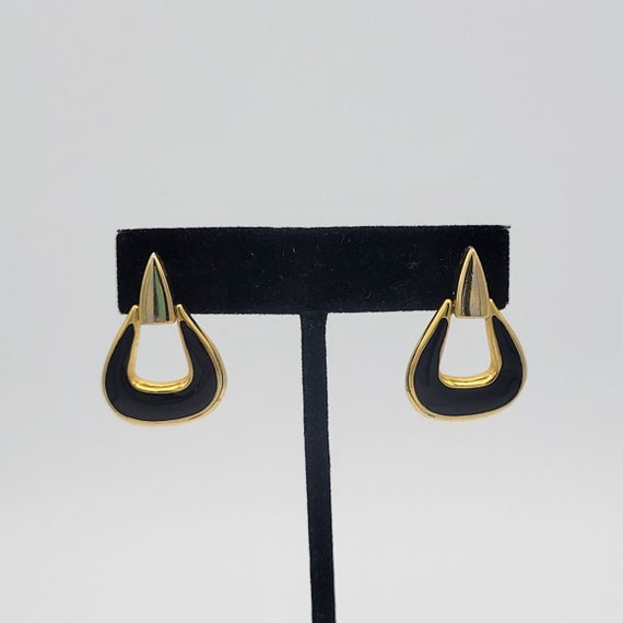 Vintage 1990s Gold Tone & Black Enamel Triangular Door Knocker Dangle Earrings Costume Jewelry Retro Women Statement Small Triangle 1 1/4"