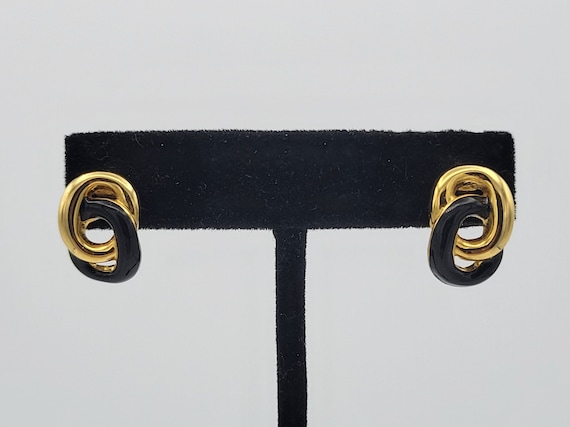 Vintage 1990s Anne Klein Gold Tone & Black Enamel Chain Link Stud Earrings Costume Jewelry Retro Simple Small Linked Versatile 5/8" AK