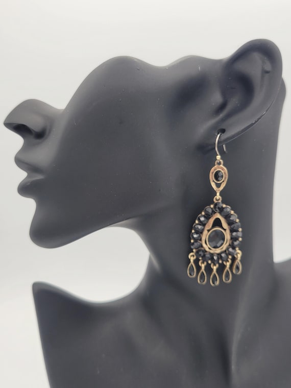 Vintage Brushed Gold Tone & Black Rhinestone Chandelier Dangle Earrings Costume Jewelry Retro Women Statement Teardrop Openwork Pear