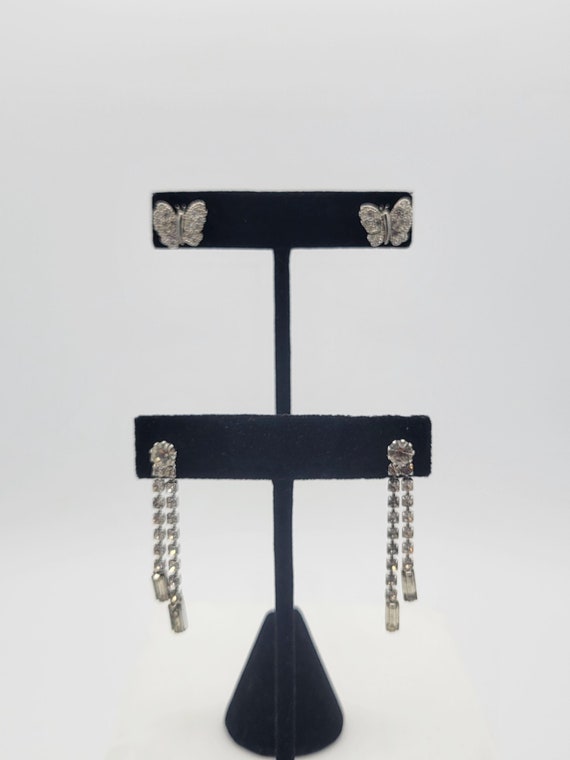 2 Pair Vintage Silver Tone & Rhinestone Earrings Costume Jewelry Retro Women Statement Elegant Formal Sparkle Butterfly Studs Long Dangles