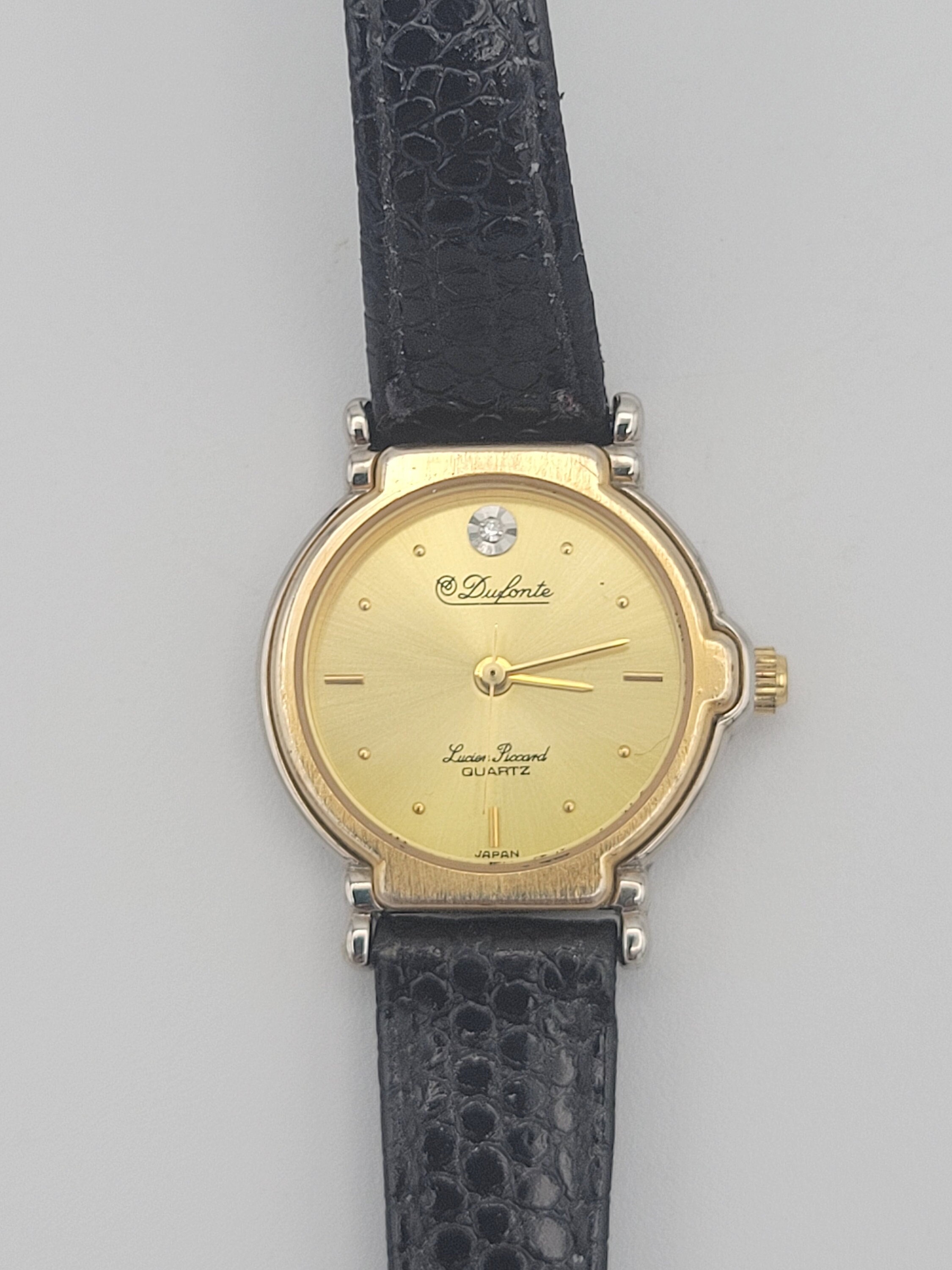 Vintage Dufonte Lucien Piccard Gold Tone Diamond Accent Ladies Wrist Watch Black Leather Band Costume Jewelry Statement Reloj de pulsera Etsy Espana