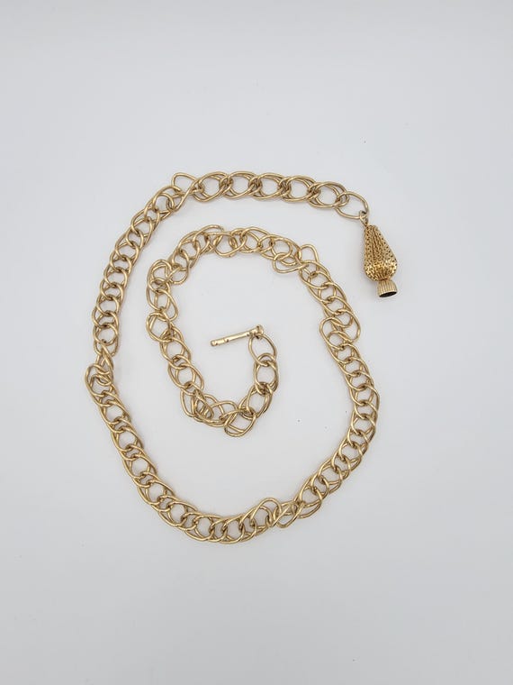 Vintage Gold Tone Double Curb Chain Belt with Metallic Tassel Ladies Accessories Retro Women Statement 36" Maximum Shiny Chrome Chunky