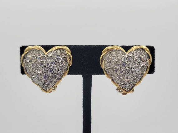 Vintage 1980s Chunky Two Tone Rhinestone Encrusted Heart Clip On Stud Earrings Costume Jewelry Retro Big Oversize Valentine Gold & Silver