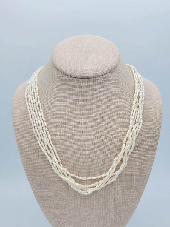Vintage Six Strand White Peanut Shaped Pearl Necklace Costume Jewelry Statement Women Fishhook Clasp Iridescent Textured Authentic