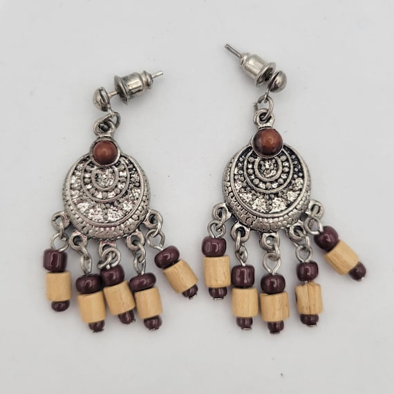 Vintage Silver Tone Circular Geometric & Wood Beaded Dangle Earrings Costume Jewelry Retro Women Statement Southwestern Chandelier Brown