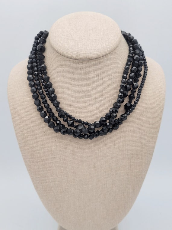 Vintage 4 Strand Faceted Black Beaded Necklace Costume Jewelry Statement Women Retro Adjustable Bi-Cone Round Sphere Sparkle 18" Choker
