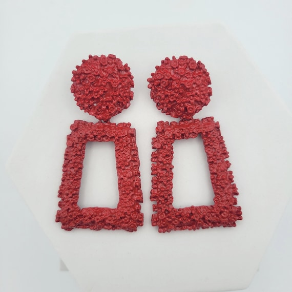 Vintage Oversize Red Enamel Rough Textured Door Knocker Dangle Earrings Costume Jewelry Retro Women Statement Trapezoid 2 3/4" Chunky
