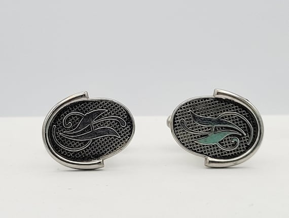 Vintage Silver Tone Oval Art Nouveau Filigree Cuff Links Costume Jewelry Suit Men's Accessories Leaves Flourish Textured Cross Hatch Lattice