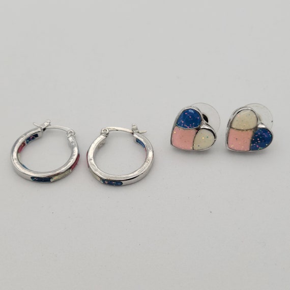 Set of 2 Vintage 1990s Silver Tone & Glitter Enamel Earrings Costume Jewelry Retro Statement Women Studs Hoops Blue White Pink Hearts Small