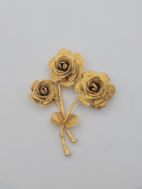 Vintage 1960s Textured Gold Tone 3D Long Stem Rose