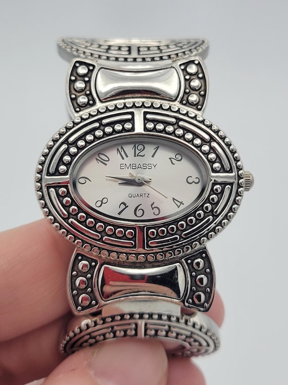 Vintage Embassy Silver Tone Openwork Nail Head Oval Ladies Cuff Watch Costume Jewelry Women Statement Chunky Oversize Art Deco