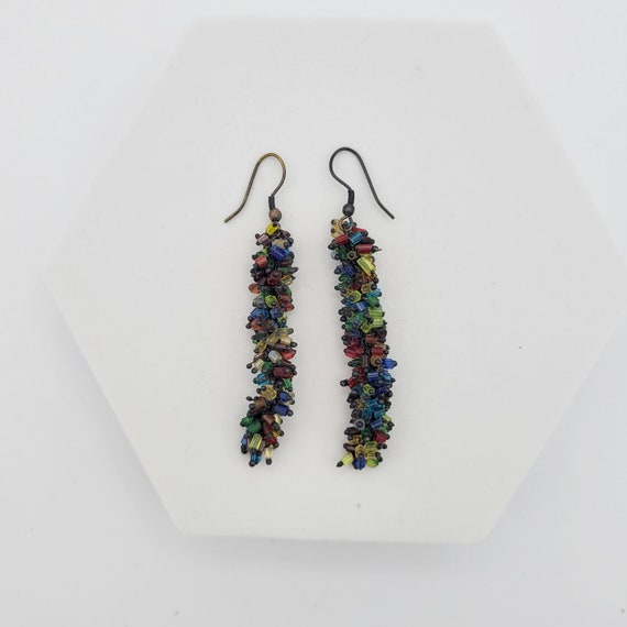 Vintage Long Rainbow Beaded Cluster Dangle Earrin… - image 1