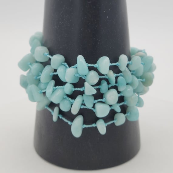 Vintage Blue Dyed Stone 6 Strand Beaded Bracelet with Toggle Clasp Costume Jewelry Retro Women Accessories Statement Marbled Sky Light Baby