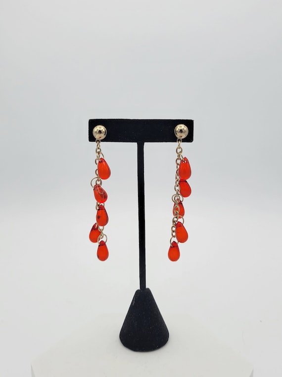 Vintage NEW Long Gold Tone Cable Chain Dangle Earrings With Red Teardrop Beads Costume Jewelry Women Statement Retro Pear Transparent 3 1/2"