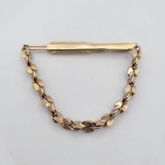 Vintage 1970s Gold Tone Tie Clip with Nugget Style Chain Costume Suit Men's Accessories Retro Formal Wear 2 5/8" Wide Shiny
