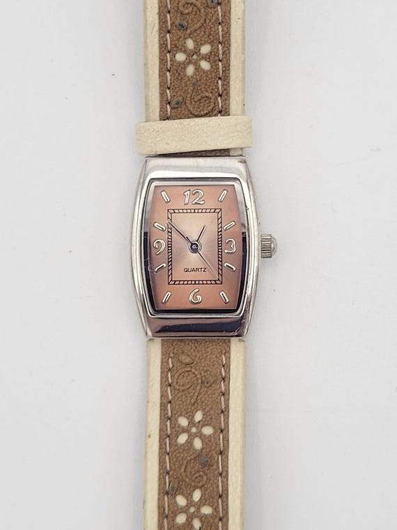 Vintage Silver Tone Rectangular Cushion Ladies Watch with Brown & Cream Floral Band Costume Jewelry Statement Timepiece Flowers 19mm