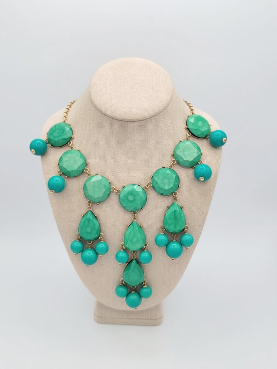Vintage Gold Tone & Green Cabochon Bib Necklace Costume Jewelry Retro Statement Women Accessories Adjustable Collar Beads Beaded Y Teal