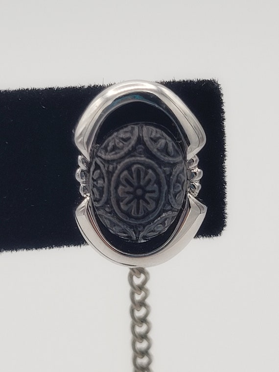 Vintage NEW Silver Tone & Carved Art Nouveau Cabochon Men's Tie Tack and Chain Costume Suit  Men's Accessories Starburst Iridescent Oval