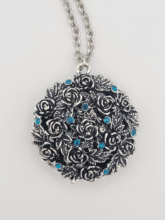 Vintage Silver Tone Round Floral Pendant & Turquoise Rhinestones with Long Cable Chain Necklace Reversible Costume Jewelry Women Statement