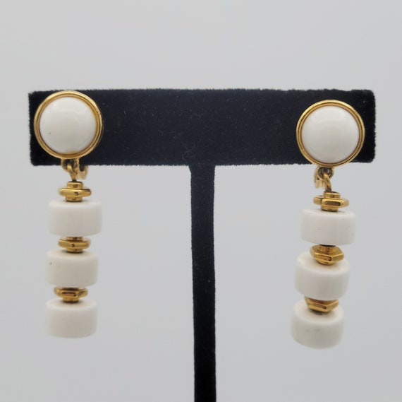 Vintage 1990s Monet Gold Tone & White Lucite Beaded Clip On Earrings Costume Jewelry Statement Retro Accessories Women 1 7/8" Dangles Donut