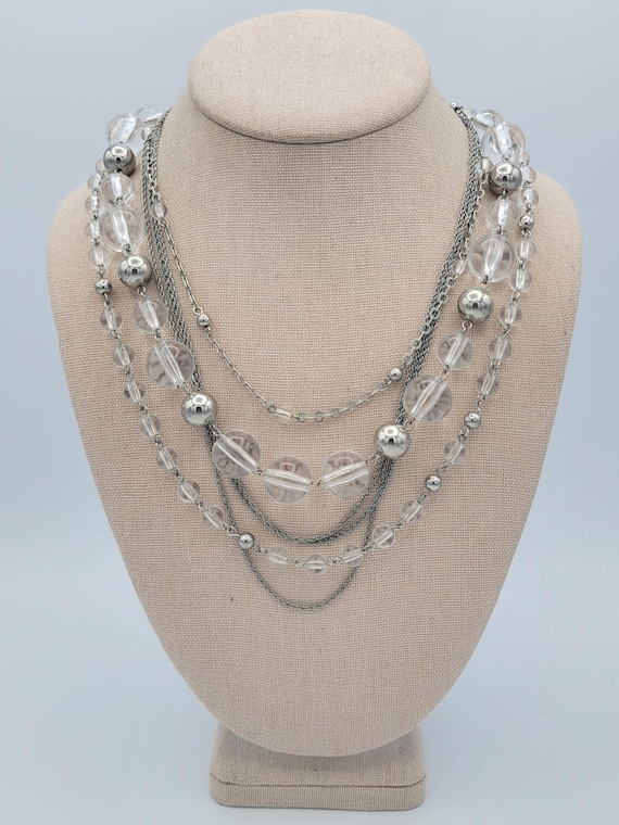 Vintage Six Strand Round Clear Bead & Cable Chain Necklace Bib Costume Jewelry Retro Statement Women 21 1/2" Sphere Ball Silver Tone 6