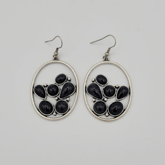 Vintage Silver Tone Openwork Oval Dangle Earrings with Black Cabochon Accents Costume Jewelry Retro Statement Women Drop Geometric Pear