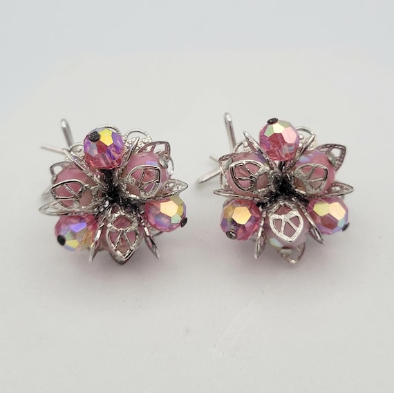 Vintage 1950s Silver Tone Filigree Floral & Pink Beaded Wingback Clip On Earrings Costume Jewelry Retro Oversize Chunky Oval Leaves