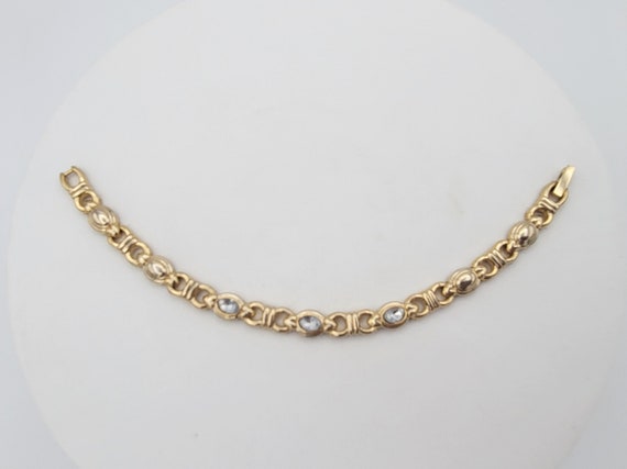 Vintage Gold Tone & Clear Faceted Rhinestones Linked Bracelet Costume Jewelry Retro Statement Women Tennis Snap Lock Oval Hearts 7" Circle