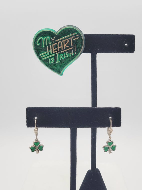 Vintage 1980s St. Patrick's Day Earrings & Brooch Jewelry Set Shamrocks My Heart is Irish Costume Jewelry Women Statement Retro Hallmark