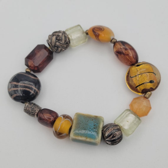 Vintage Earth Tone Beaded Stretch Bracelet Bangle Costume Jewelry Retro Statement Women Adjustable Beads Glass Ceramic Steel Brown Gold Tone