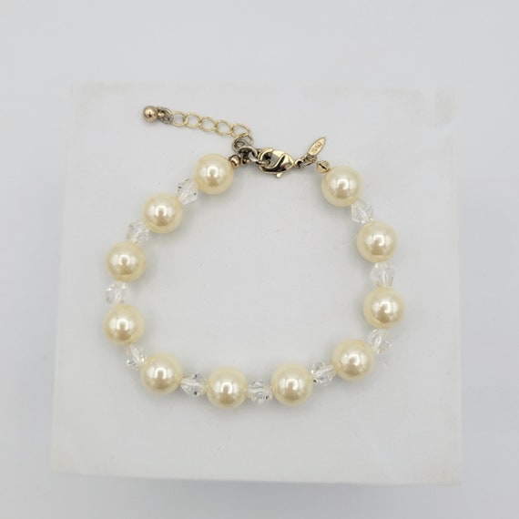 Vintage SAQ Ivory Colored Faux Pearl & Plastic Bicone Beaded Bracelet Costume Jewelry Retro Statement Women Adjustable Accent Small Elegant