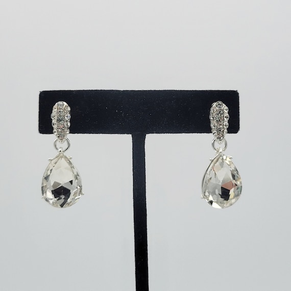 Vintage Silver Tone Rhinestone Encrusted Dangle Earrings with Pear Shaped Faceted Stone Costume Jewelry Retro Women Statement Elegant Clear