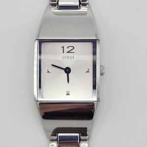 Vintage Guess Silver Tone Square Ladies Cuff Bracelet Watch G65242L Costume Jewelry Statement Timepiece Chrome Wristwatch Geometric Designer