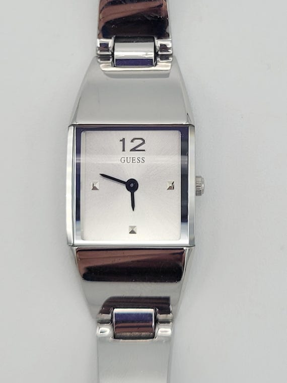 Vintage Guess Silver Tone Square Ladies Cuff Bracelet Watch G65242L Costume Jewelry Statement Timepiece Chrome Wristwatch Geometric Designer