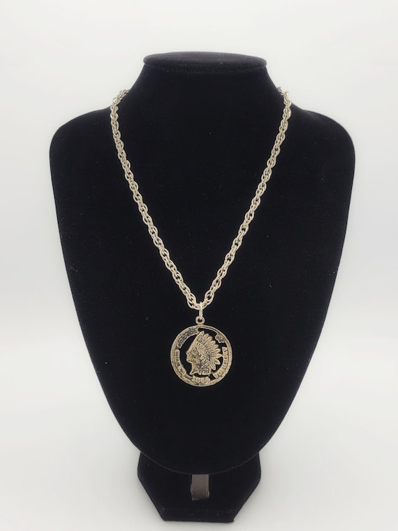 Vintage Silver Tone Openwork 1864 Faux Indian Head Penny Pendant Necklace with Rope Chain Costume Jewelry Retro Statement Unisex 18 1/2"