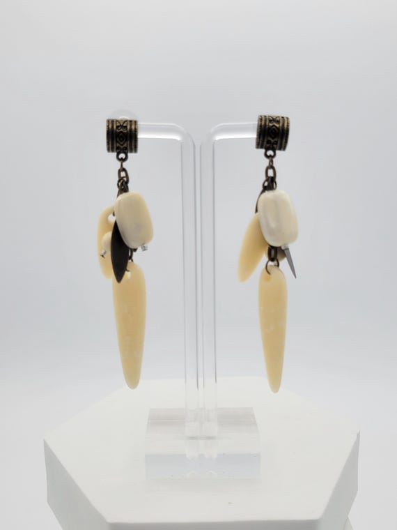 Vintage Antique Gold Tone Dangle Earrings with White & Brass Dangles Costume Jewelry Retro Women Statement Accessories Cream Ivory Teardrop