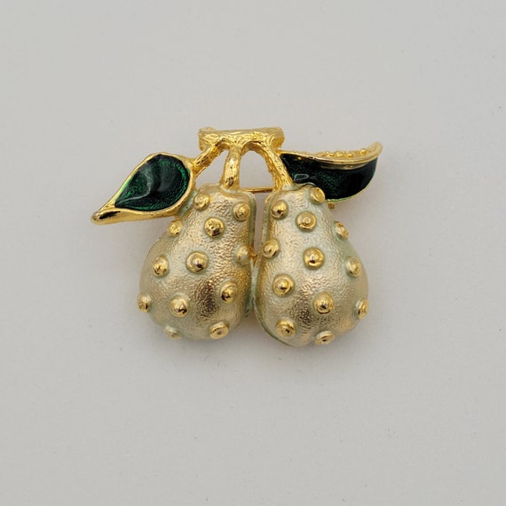Vintage 1980s Chunky Gold Tone Double Pear Fruit Brooch with Green Enamel Costume Jewelry Retro Women Accessories Lapel Pin Statement Leaves