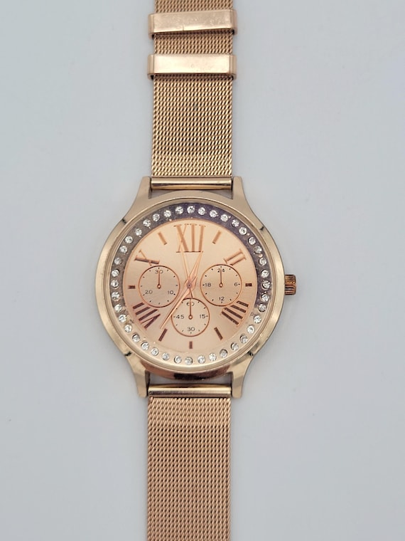 Vintage Rose Gold Tone Ladies Watch with Rhinestones & 3 Faux Chronographs Costume Jewelry Retro Statement Timepiece Quartz Women