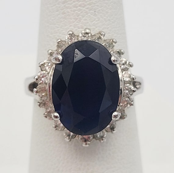 Vintage 1990s Avon Princess Diana 925 Silver & Faux Sapphire Statement Cocktail Ring Right Hand Costume Jewelry US 5 3/4 Crystal Halo